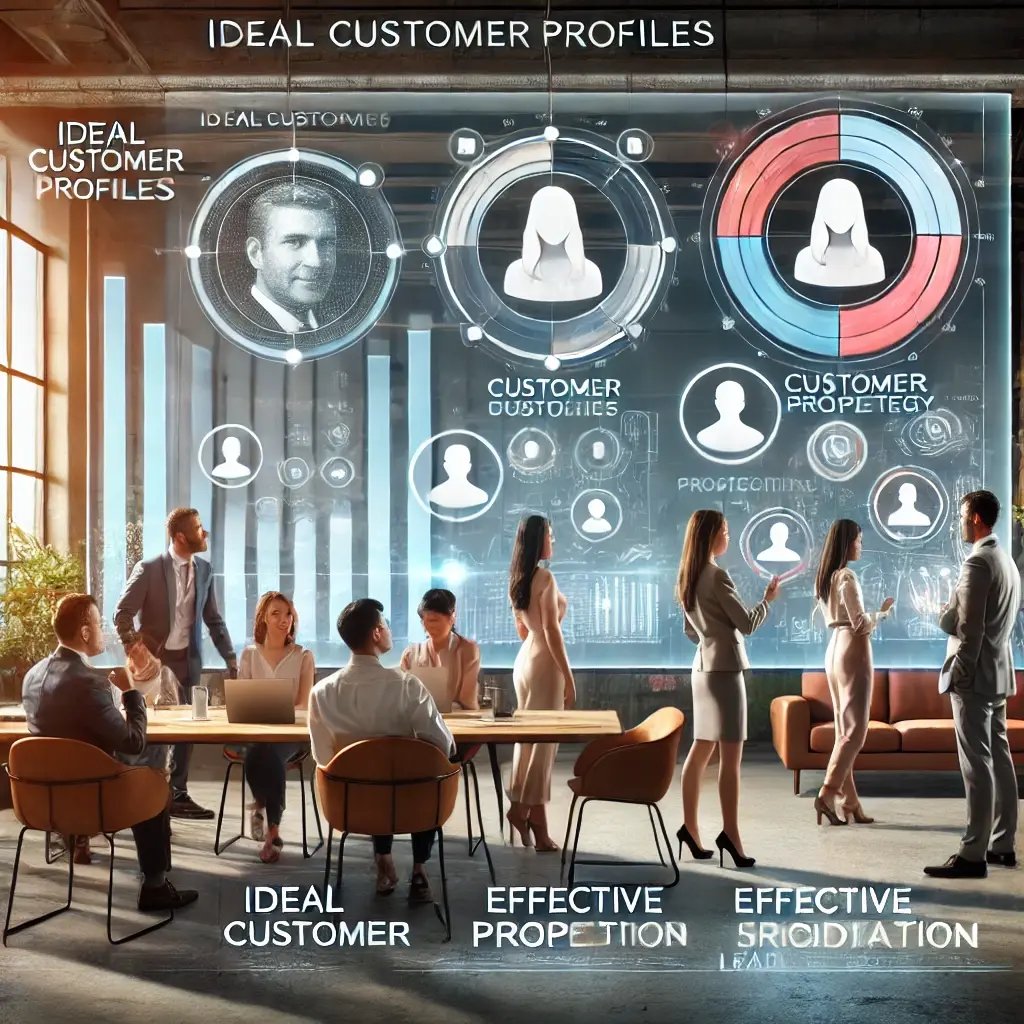 DALL·E 2024-11-13 14.58.19 - An image representing ideal customer profiles and effective prospecting for sales success in small to medium-sized businesses. The setting shows a div